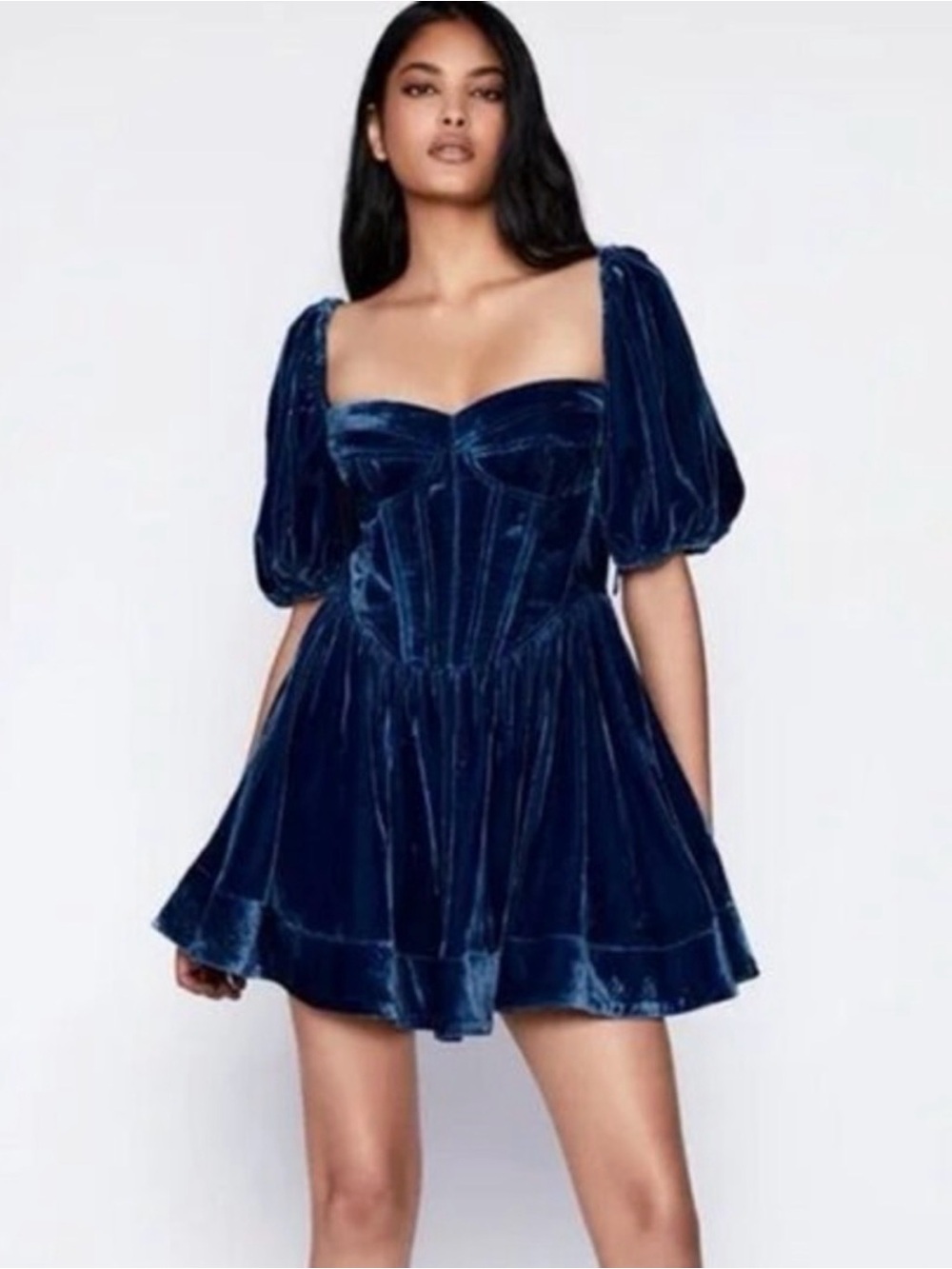 Women's Bardot Velvet Puff-Sleeve Mini Dress - Deep Teal